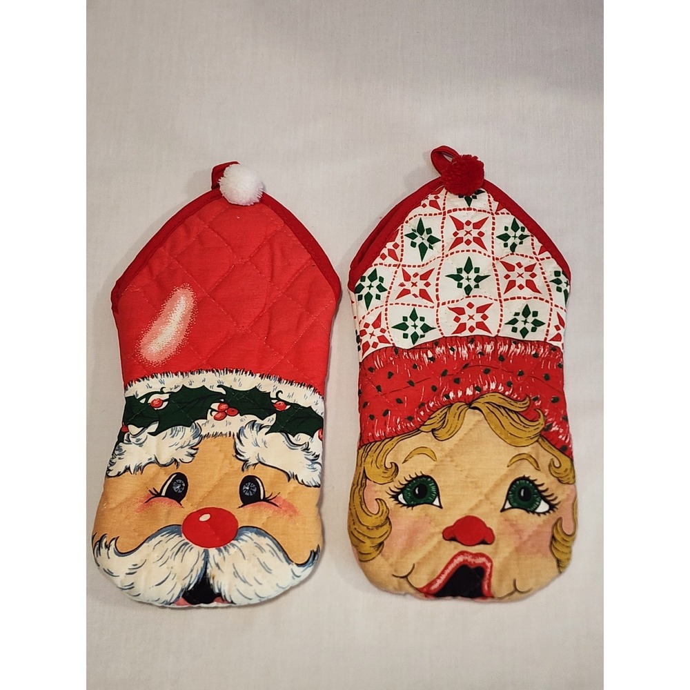 Vintage Christmas Santa and Mrs Claus Oven Mitt Hand Puppet Set Red White Kitsch